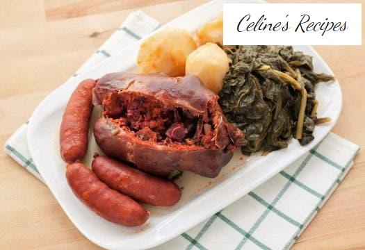 Botillo with potatoes and turnip greens