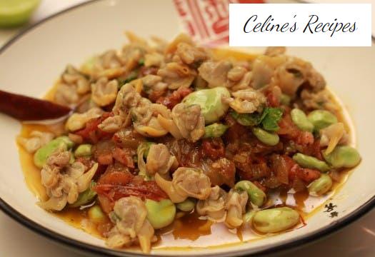 Young broad beans with ham and cockles
