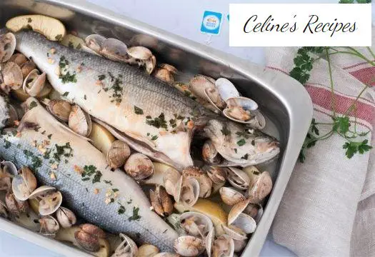 Baked sea bass with potatoes and apple