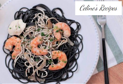 Spaghetti al nero di Sepia with baby eels and prawns