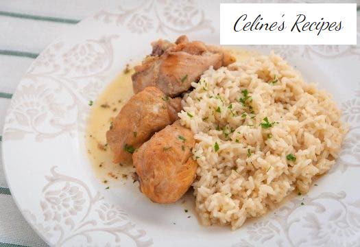 Chicken stewed in white wine with rice