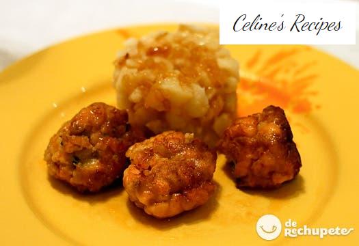 Salmon and prawn meatballs with Galician potato timbale