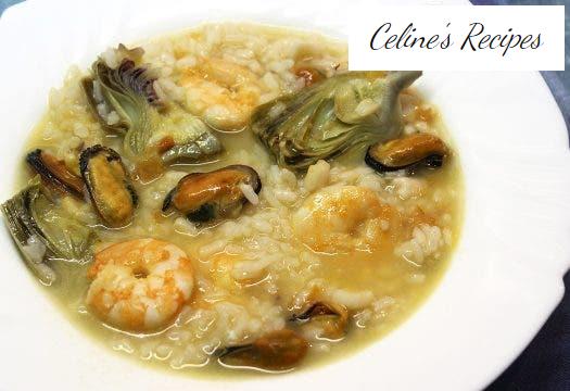 Soupy rice with artichokes and prawns