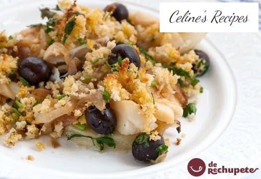 Baked cod with corn bread. Bacalhau with broa