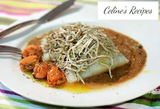 Baked cod fillets with baby eels and mussel cream