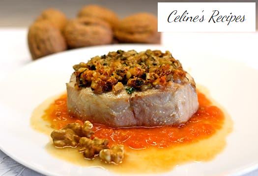 Baked tuna with walnut and tomato crust