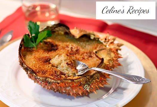 Spider crab or spider crab au gratin with prawns and pork shoulder