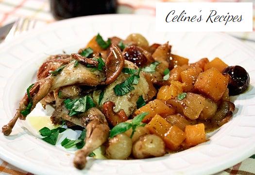 Stewed quail with pumpkin, chanterelles and apple