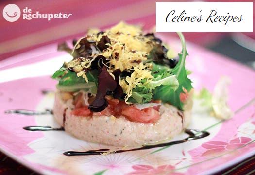 Seafood salad with lettuce sprouts, tomato and spun egg