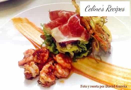 Warm prawn salad in tempura