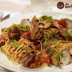 Spaghetti with mushrooms and bacon