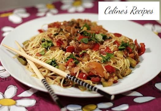 Chinese noodles with vegetables, bacon and a touch of Dijon mustard