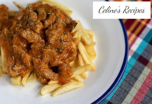 Fricandó. Beef stew with mushrooms