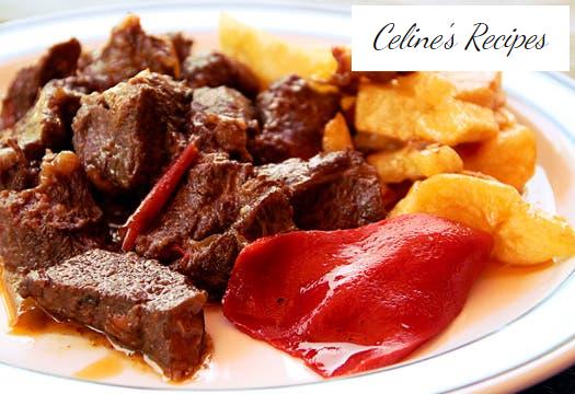 Wild boar stew with chocolate sauce and potatoes