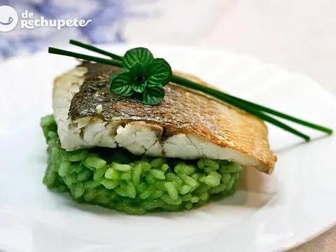 Baked sea bass with pea rice