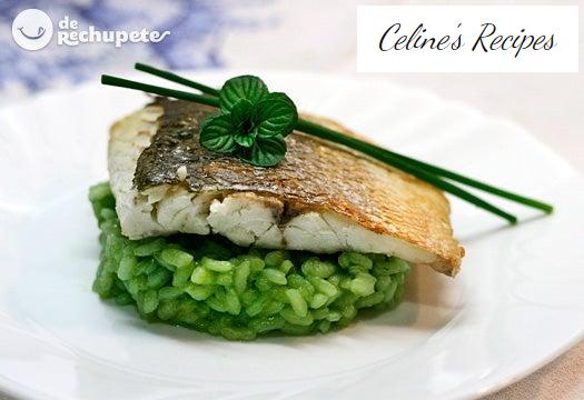 Baked sea bass with pea rice