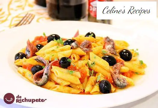 Macaroni with tomato sauce, anchovies and black olives