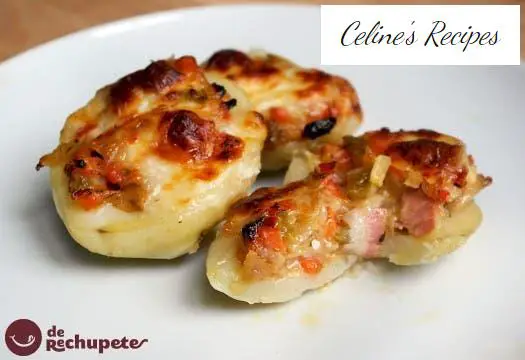 Potatoes stuffed with vegetables and baked bacon