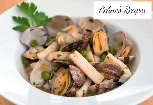 Cuttlefish seafood casserole with clams and peas