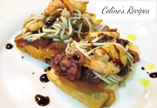 Toast with eels, octopus and prawns