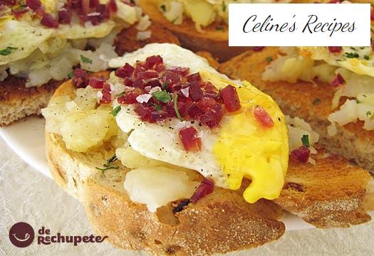 Broken or crashed egg toast with ham