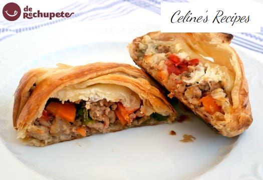 Puff pastry braid stuffed with meat