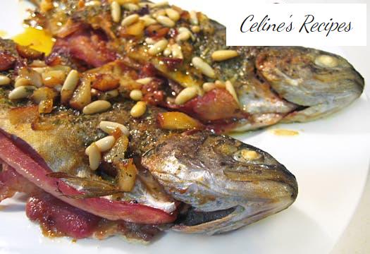 Fried trout stuffed with ham and bacon in cocotte