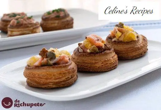 Volovanes stuffed with salmon and tangerine