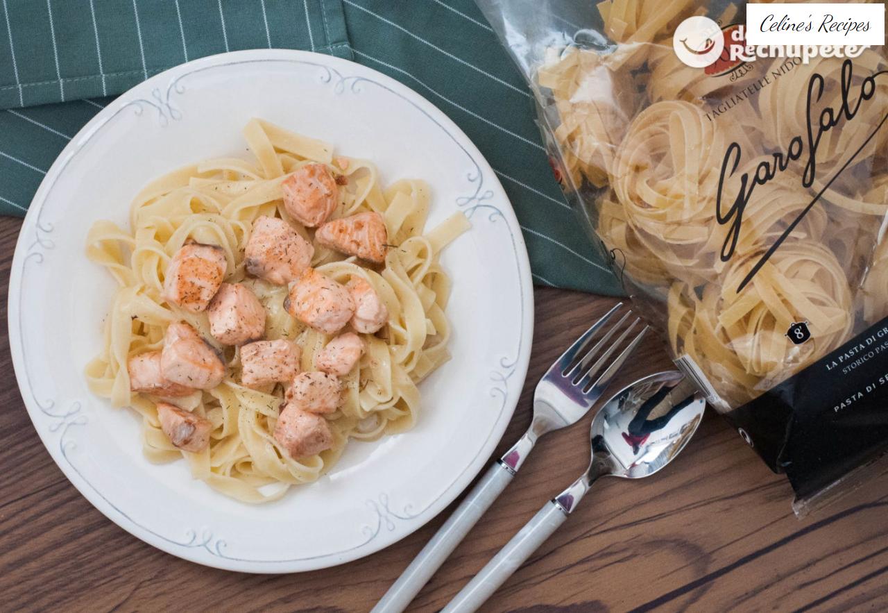 Noodles or tagliatelle with salmon