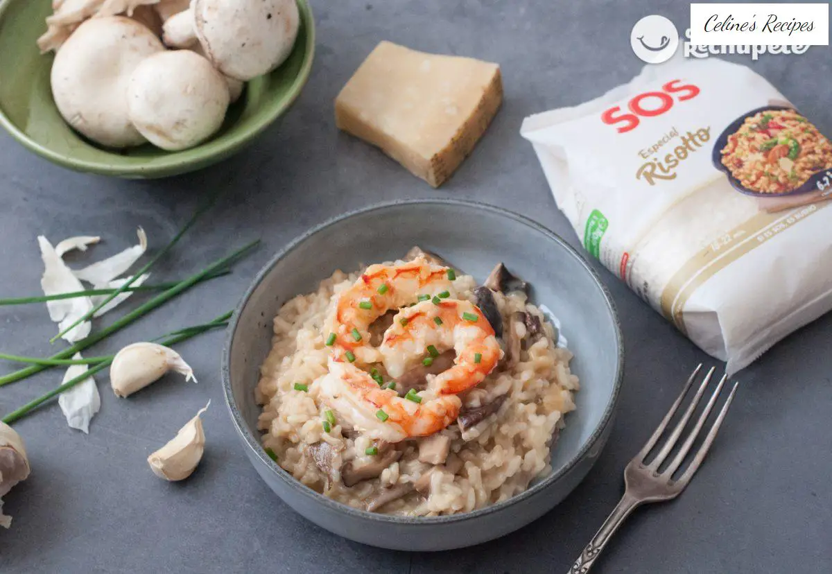 Portobello mushroom and prawn risotto. Italian recipe to surprise